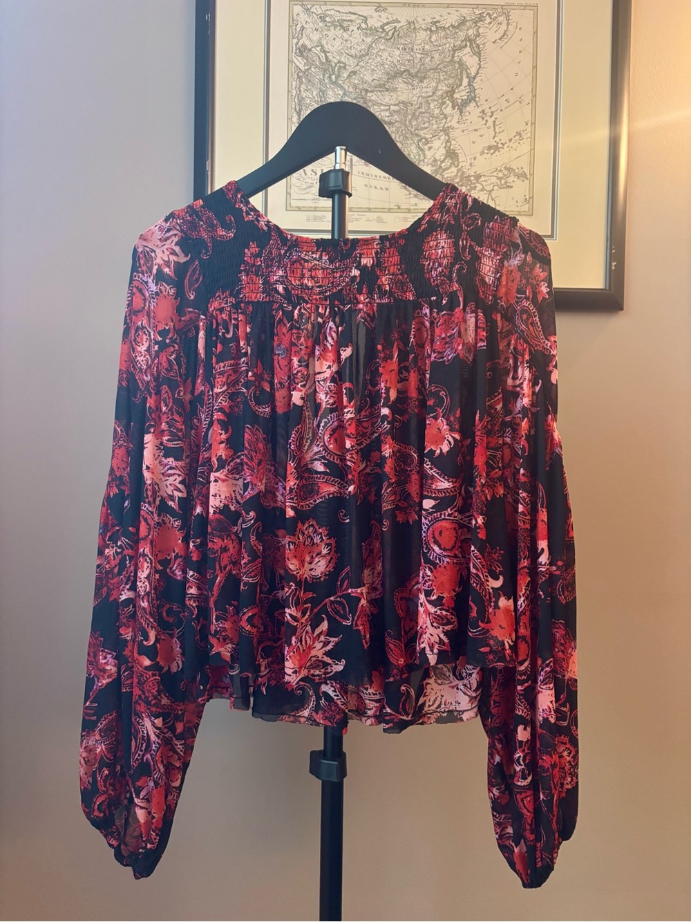 Free People Womens Black & Red Floral Peasant Blouse